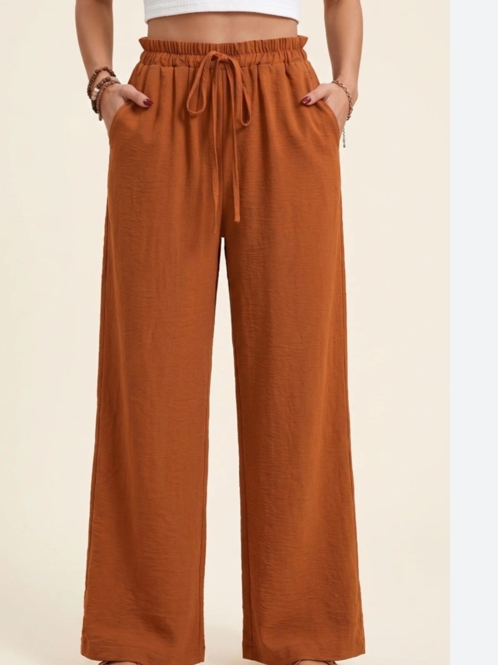 Wide Leg Drawstring Pants in Rust